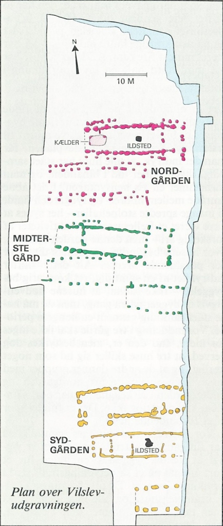 Plan der Ausgrabung, wo die Aufteilung in drei Höfe deutlich zu erkennen ist. Zeichnung: Museum von Südwestjutland.