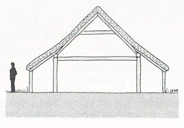 Querschnitt eines Hauses mit Vordach, wie es in Vilslev aussah. Zeichnung: Museum von Südwestjutland.