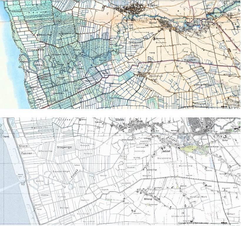 The Kongeå and the Wadden Sea in 1899 and 2001. The Fens are still there but the Kongeå has been straightened and dikes and locks have been constructed out to the Wadden Sea. 